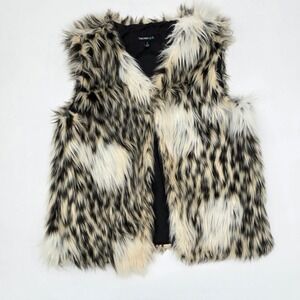 Takara Girls Faux Fur Vest Kids Size Small Black Beige White Sleeveless